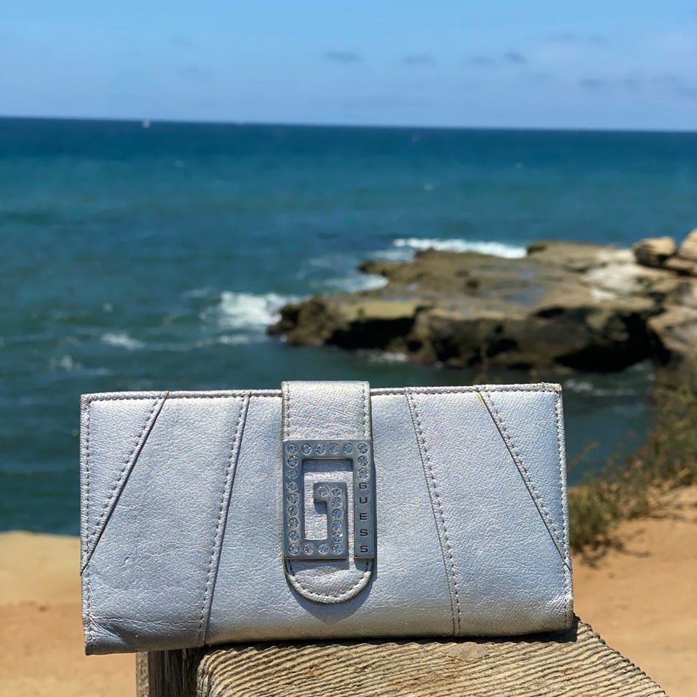 Genuine Y2k GUESS Silver Metallic Wallet with Rhinestones Detail
